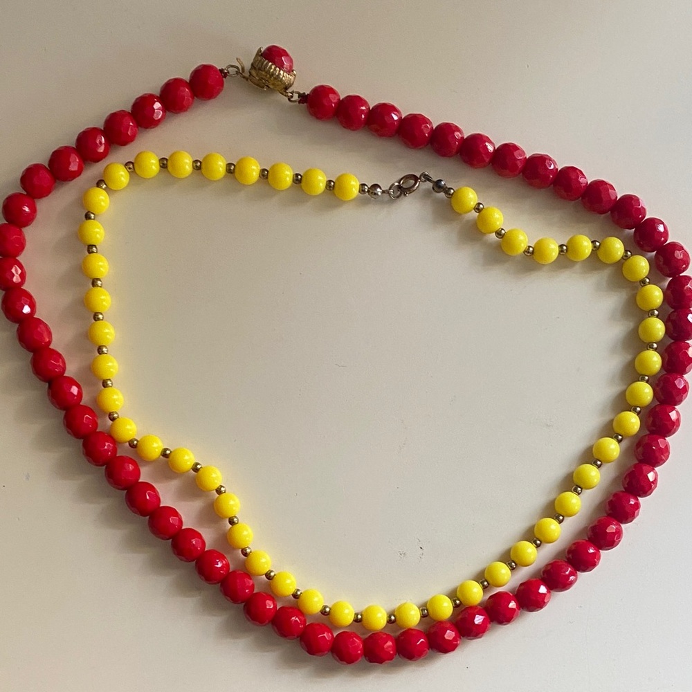 Vintage Vibrant Red and Yellow Beaded Necklace set of two